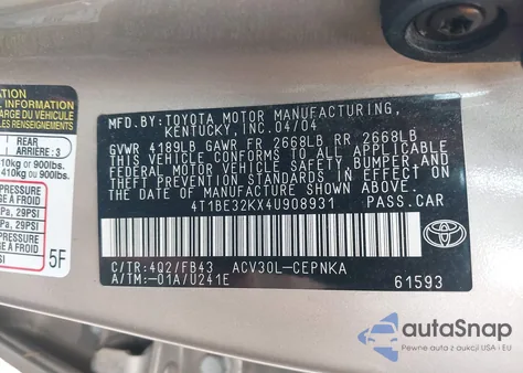 2004 Toyota Camry Le из США, поврежденный, VIN 4T1BE32KX4U908931